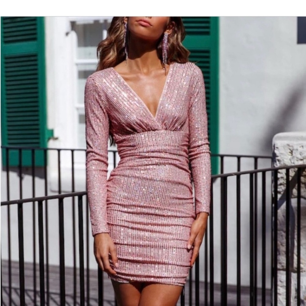 Hello Molly Pink Ruched Bodycon Dress with Plunge Neckline